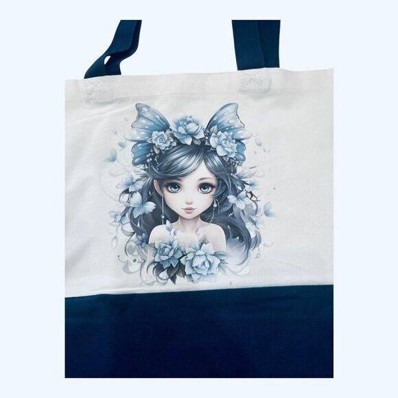 Large  Blue & White Butterfly Girl Canvas Tote  - New - Picture 3 of 4
